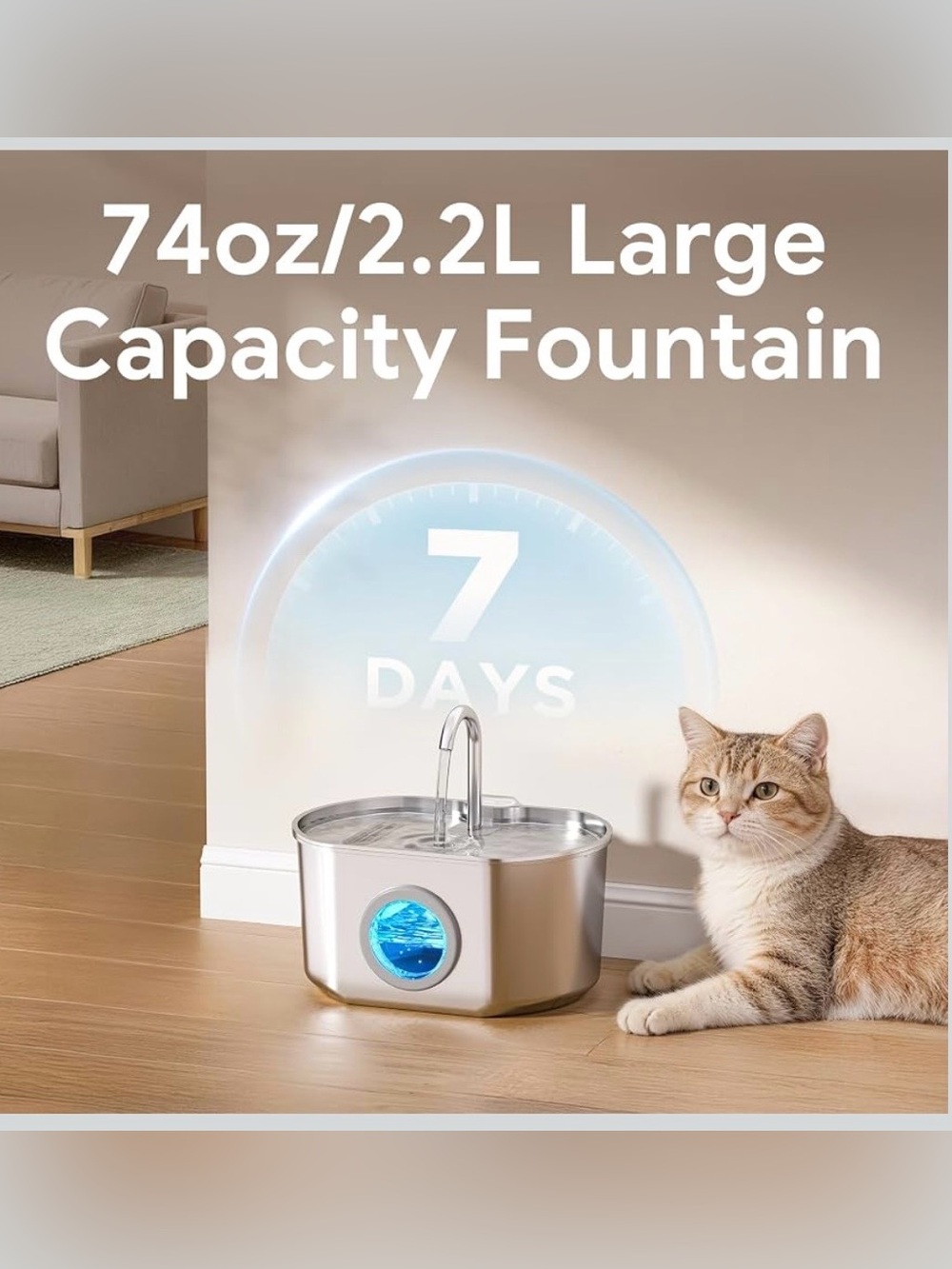 Stainless Steel 74oz/2.2L Pet Water Fountain with LED Window